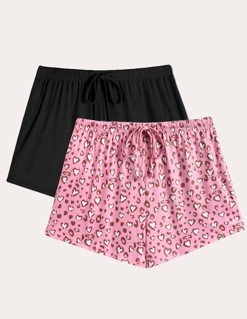 Drawstring pajama shorts set: black solid and pink heart/leopard print
