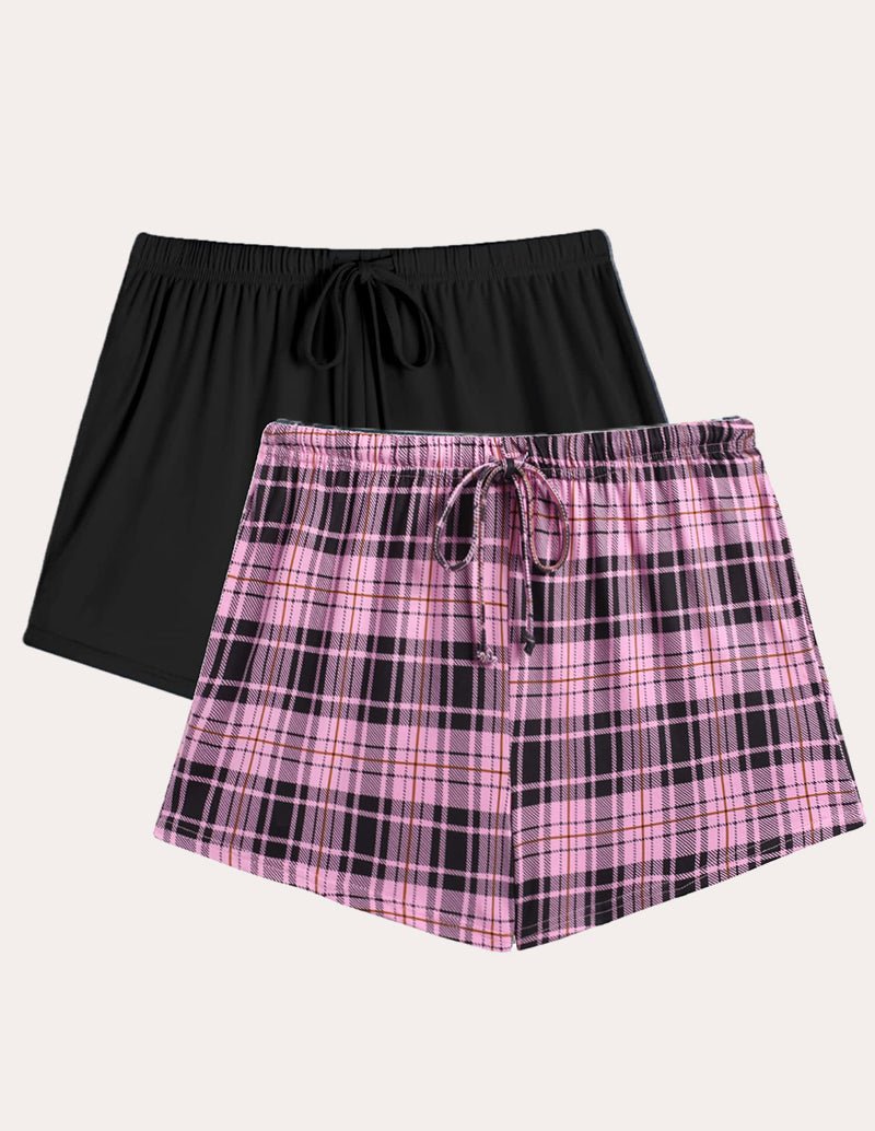 Drawstring pajama shorts set: black solid and pink plaid with drawstring