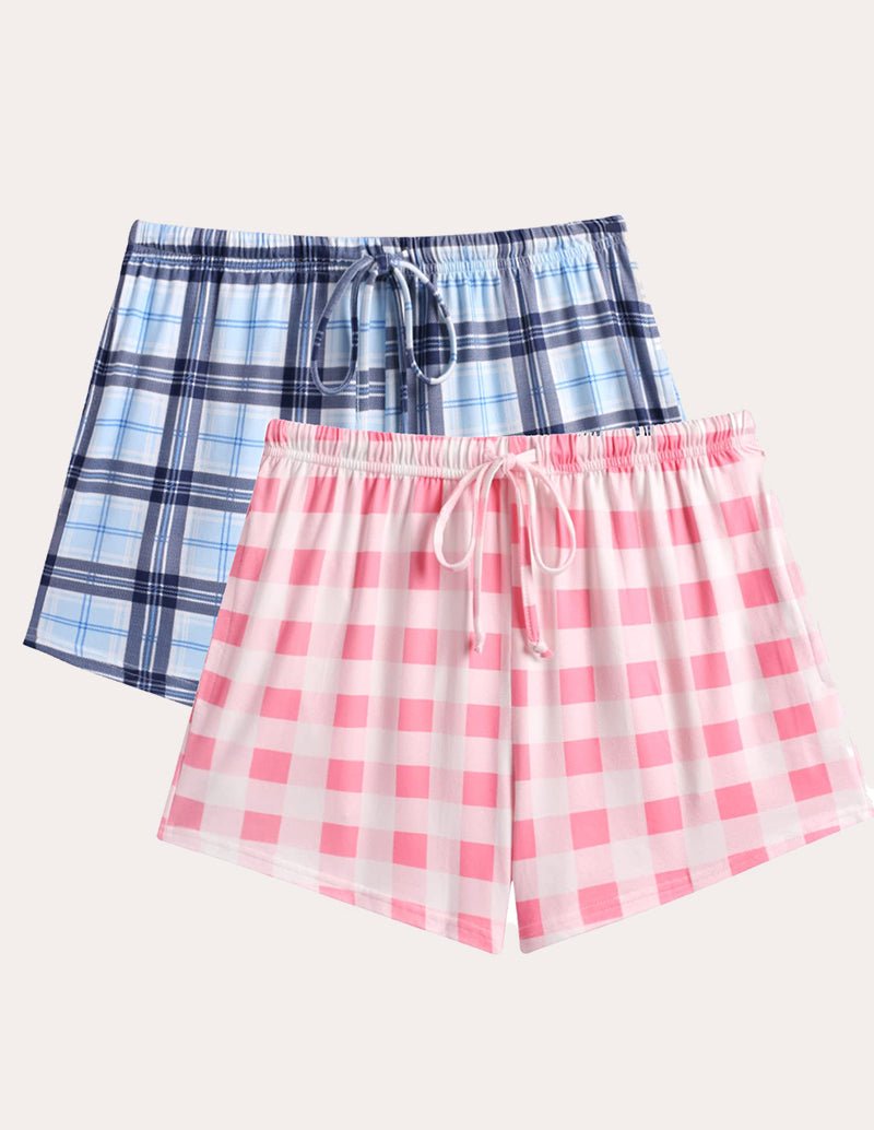 Drawstring pajama shorts set: blue plaid and pink gingham-check print