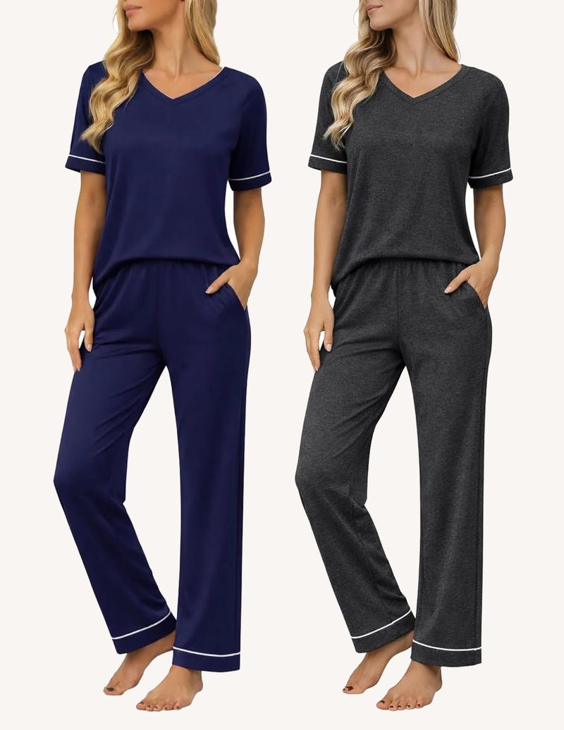 Women’s short sleeve pajama set with V-neck and contrast trim; navy and charcoal