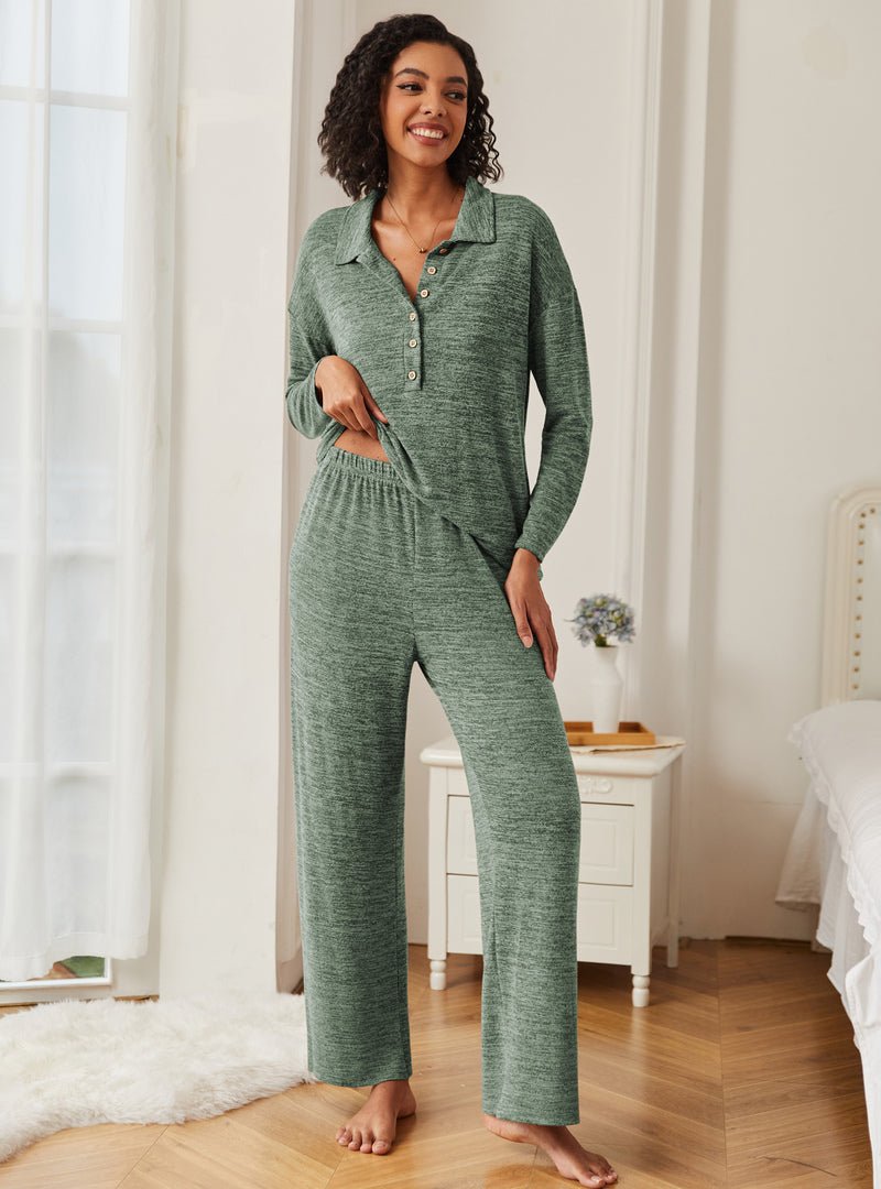 Green knit button-down pajama set with long sleeves and matching wide-leg pants
