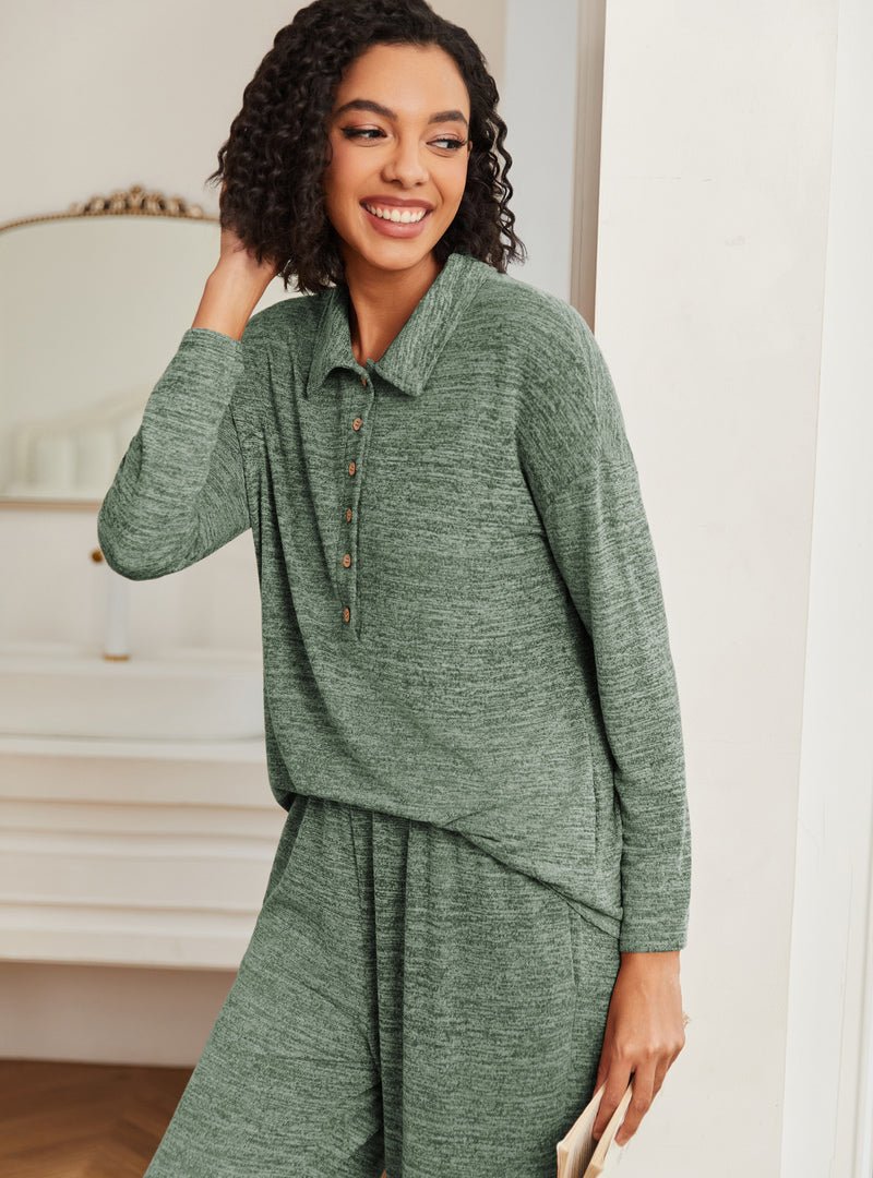 Green knit lounge set: button-front top with collar and relaxed matching pants