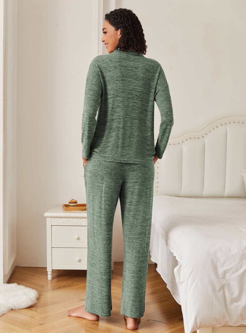 Green knit pajama set, button-front top and straight-leg pants, back view