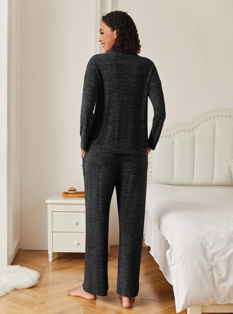 Dark gray knit pajama set, back view, long sleeves and straight-leg lounge pants