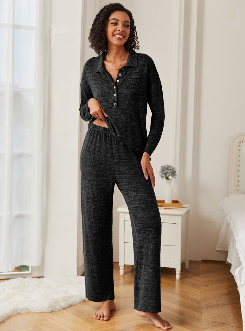 Dark gray knit button-down pajama set with long sleeves and matching pants