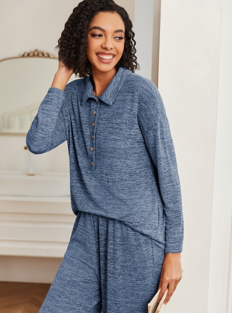 Blue heather knit button pajama set with long sleeves and matching wide-leg pants