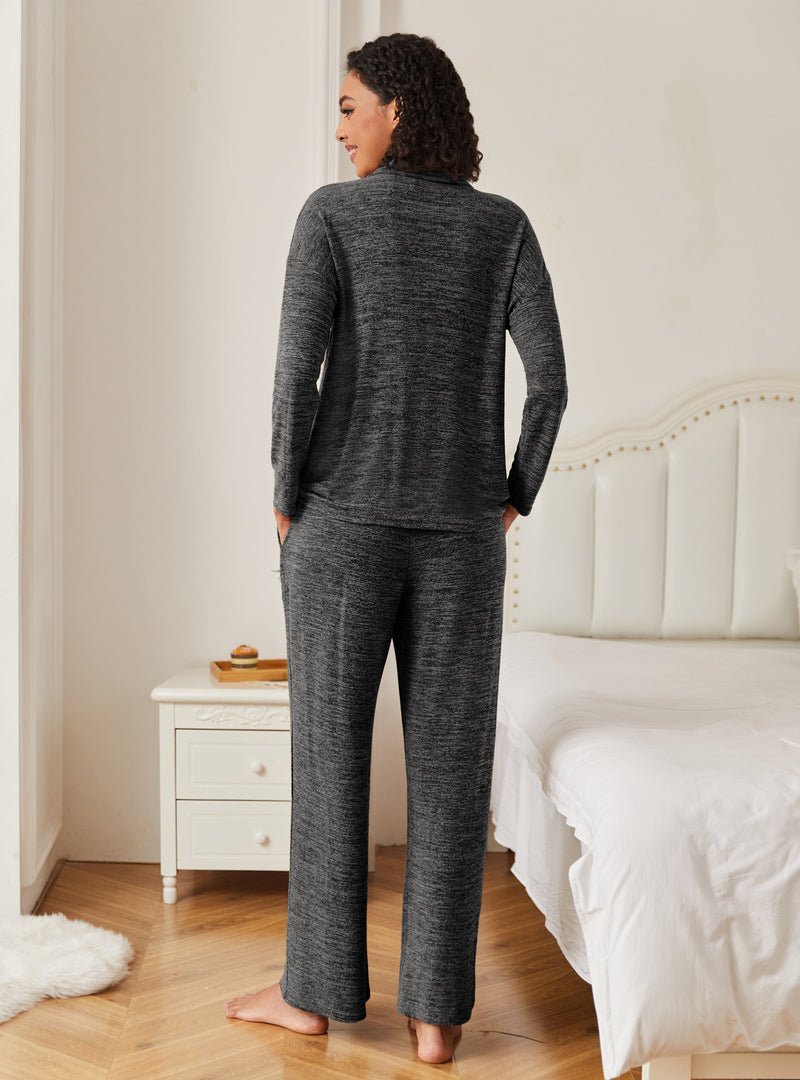 Dark gray knit pajama set, back view with button-up top and full-length lounge pants