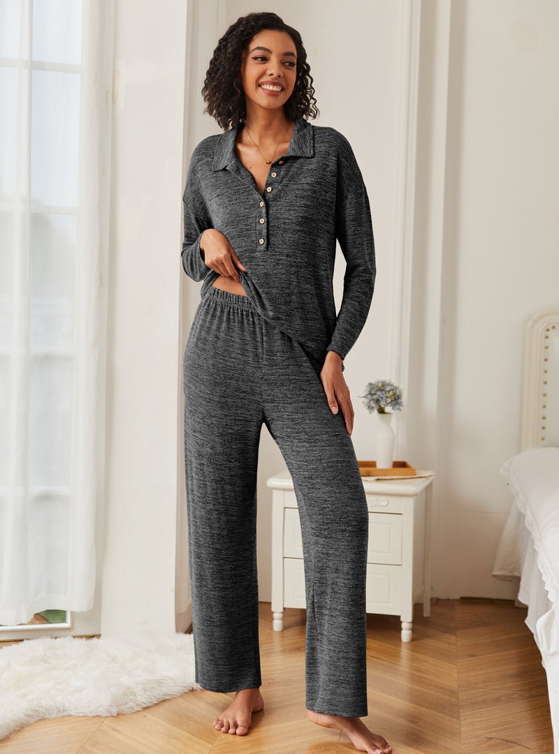 Dark gray knit pajama set, front view with button placket and relaxed wide-leg pants