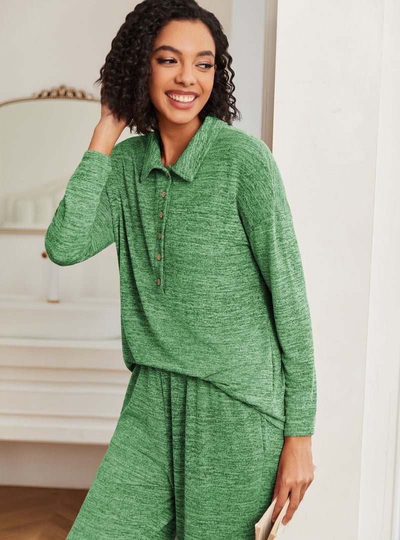 Green knit lounge set, front view with collar buttons and draped long-sleeve top