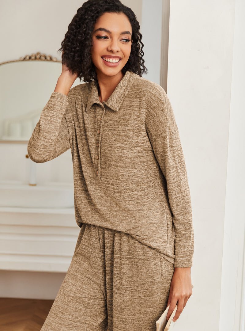 Camel-brown knit pajama set, front view with collar buttons and relaxed lounge pants