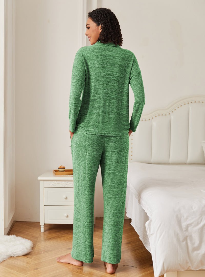 Green knit pajama set, back view with button-up top and straight-leg lounge pants