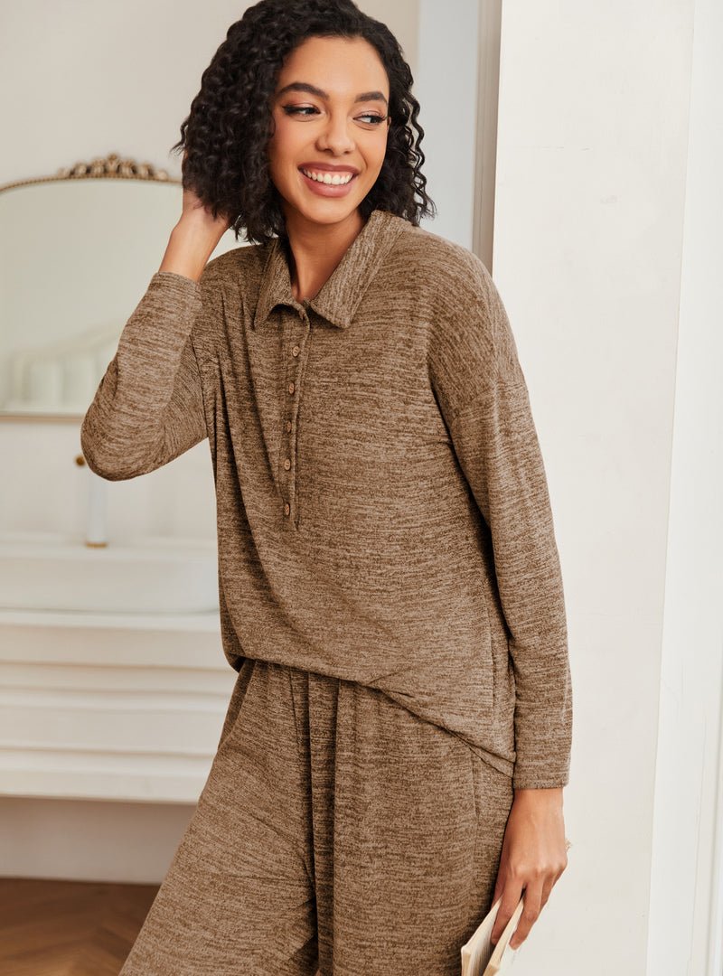 Camel brown knit button-front pajama top with long sleeves and matching pants