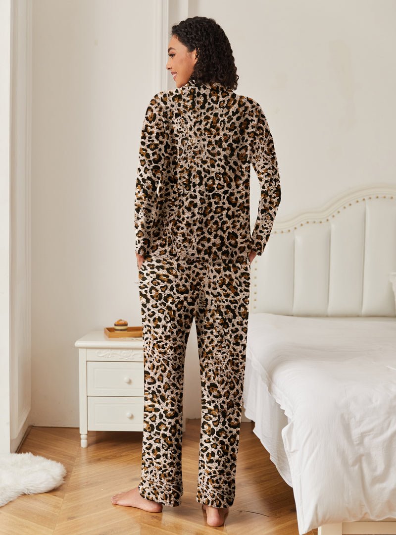 Leopard print knit lounge set with button-front top and long pants, back view