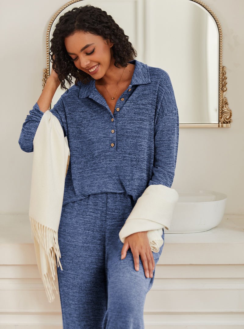 Blue knit pajama set with button placket, collared top, and matching pants