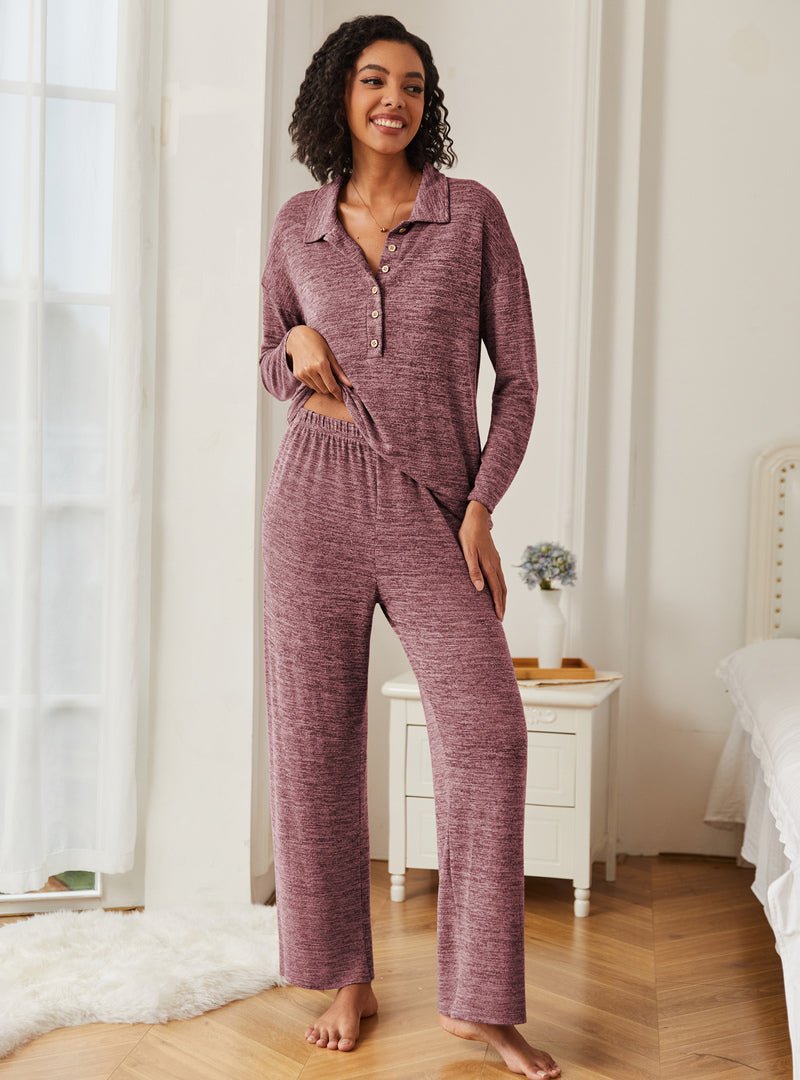 Wine red knit button-down pajama set with long sleeves and matching wide-leg pants