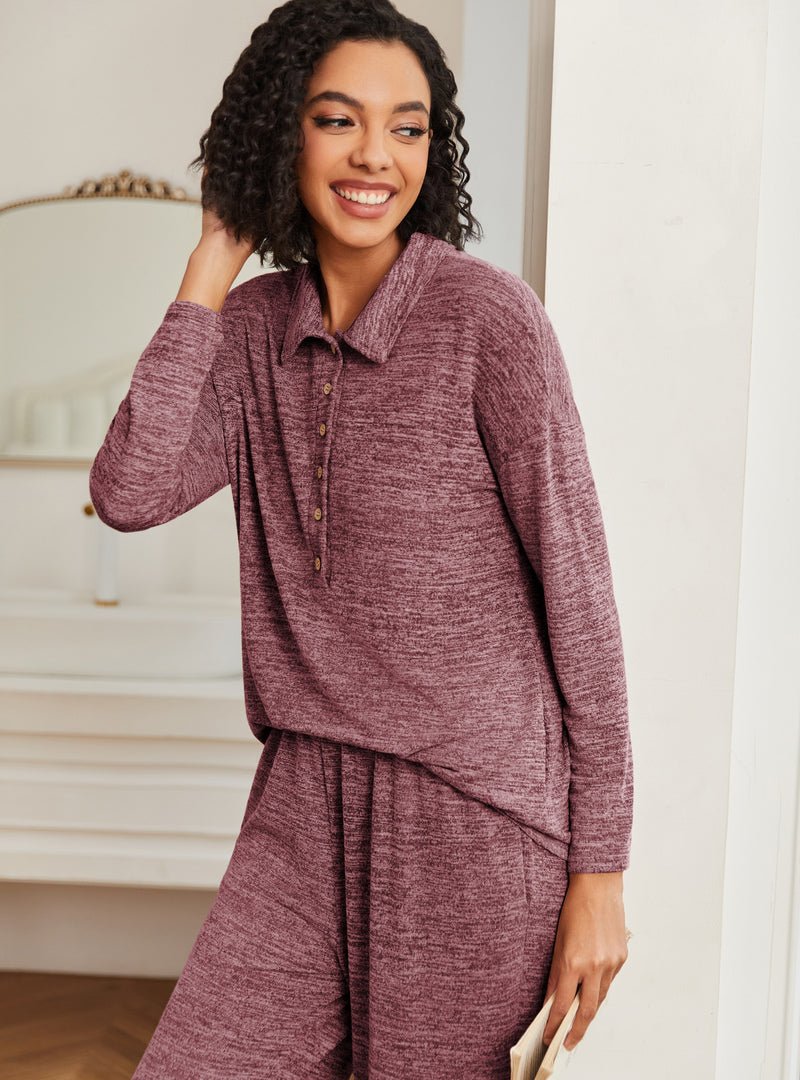 Wine red knit button pajama top with collared neckline and matching pants