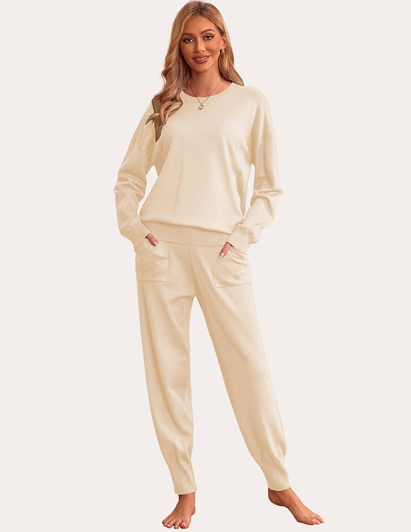 Beige 2-teiliges Strick-Pyjama-Set: Langarm-Sweatshirt, Jogginghose mit Taschen