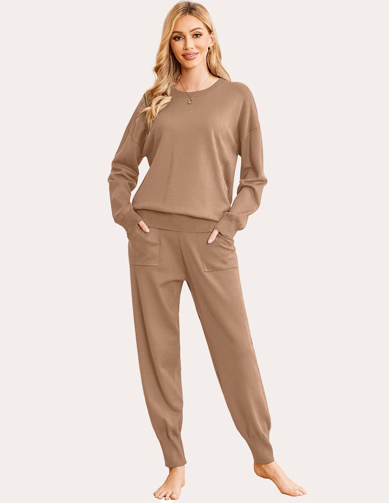 Khaki-braunes Strick-Pyjama-Set: Langarmshirt, Jogginghose mit Taschen