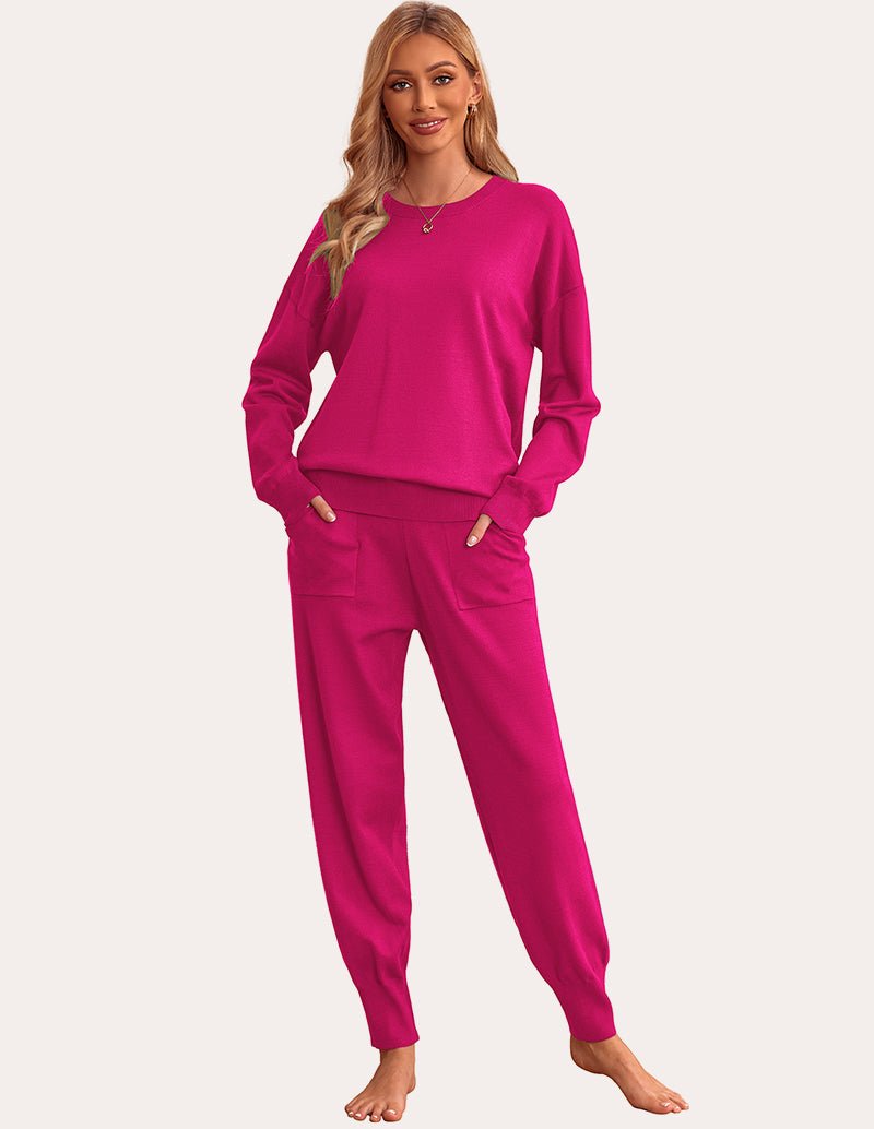 Magenta 2-piece knit pajama set: long-sleeve crew top and tapered joggers with side pockets