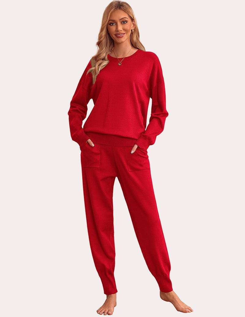 Red 2-piece knit pajama set: long-sleeve crew top with ribbed cuffs and tapered pants