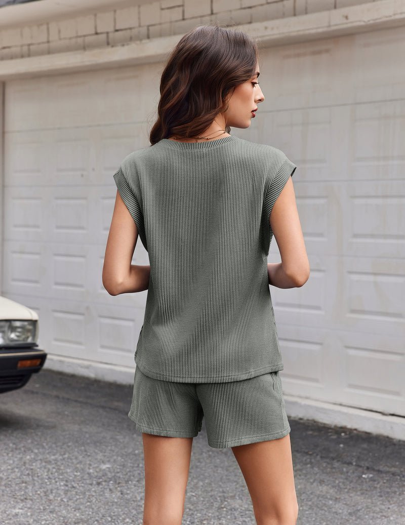 Ice green lounge set, back view: cap-sleeve top and matching shorts