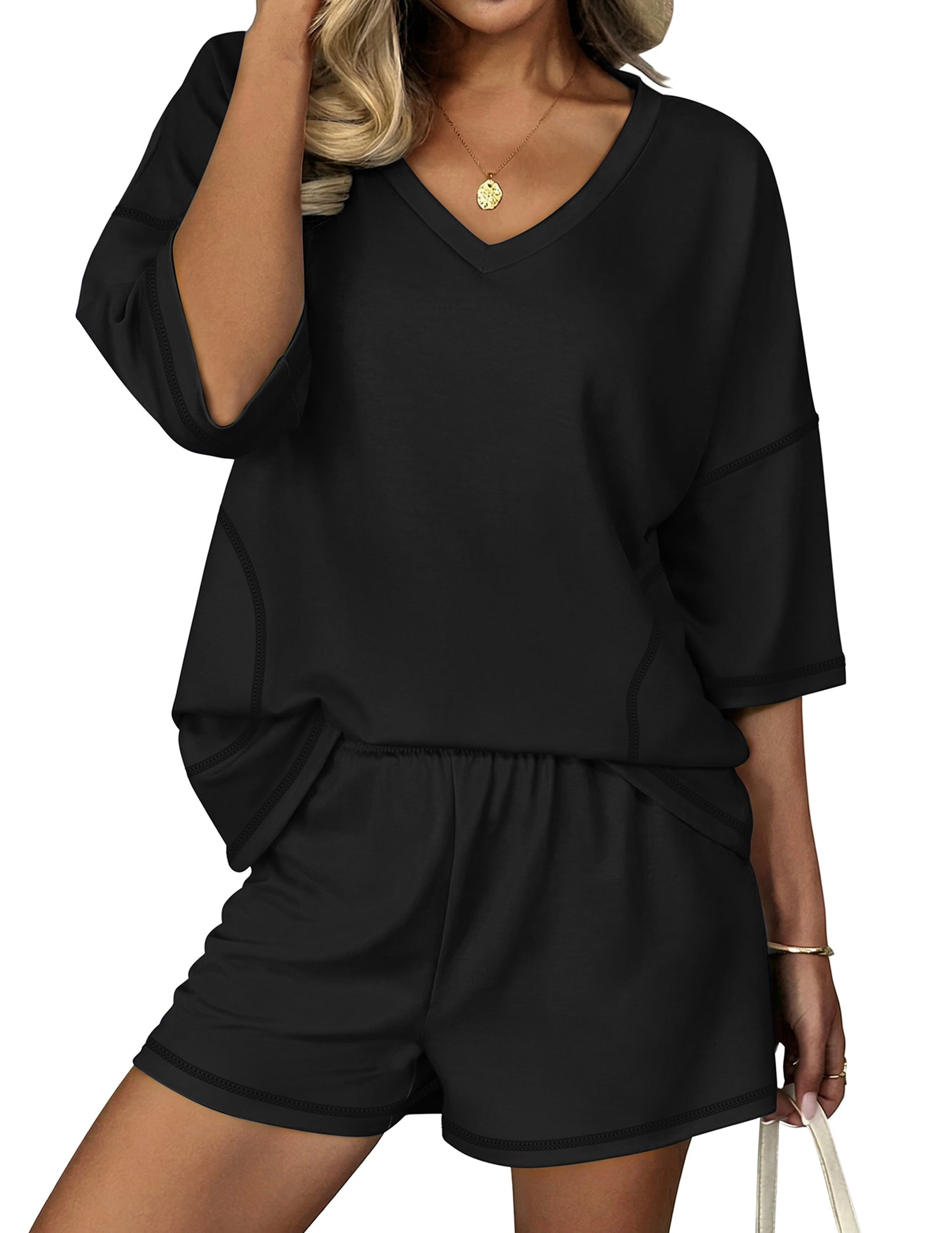 Black 2-piece lounge set: V-neck top and elastic-waist shorts with short sleeves