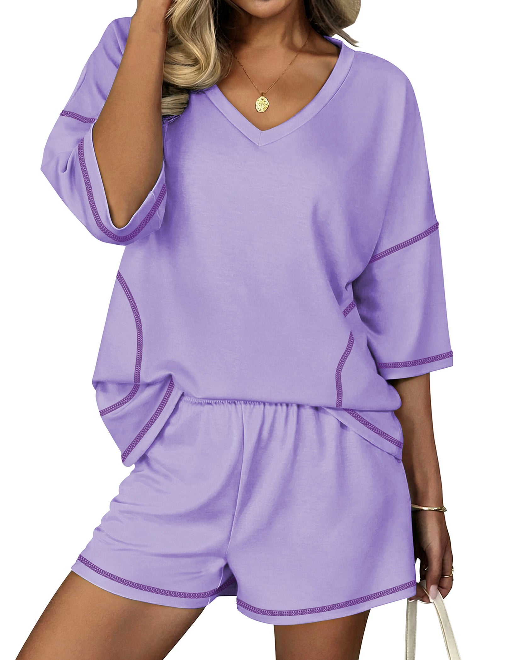 Lilac lounge set: V-neck top and elastic-waist shorts with contrast piping