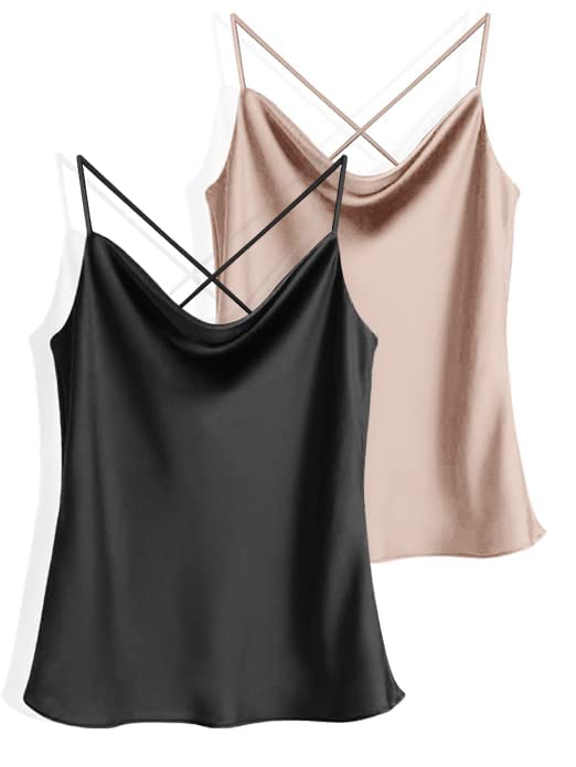 Two-piece silk cowl neck tank tops set, black and beige satin camisoles
