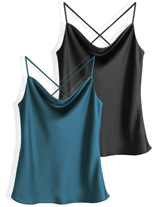 Two-piece silk cowl neck tank tops set, teal and black satin camisoles