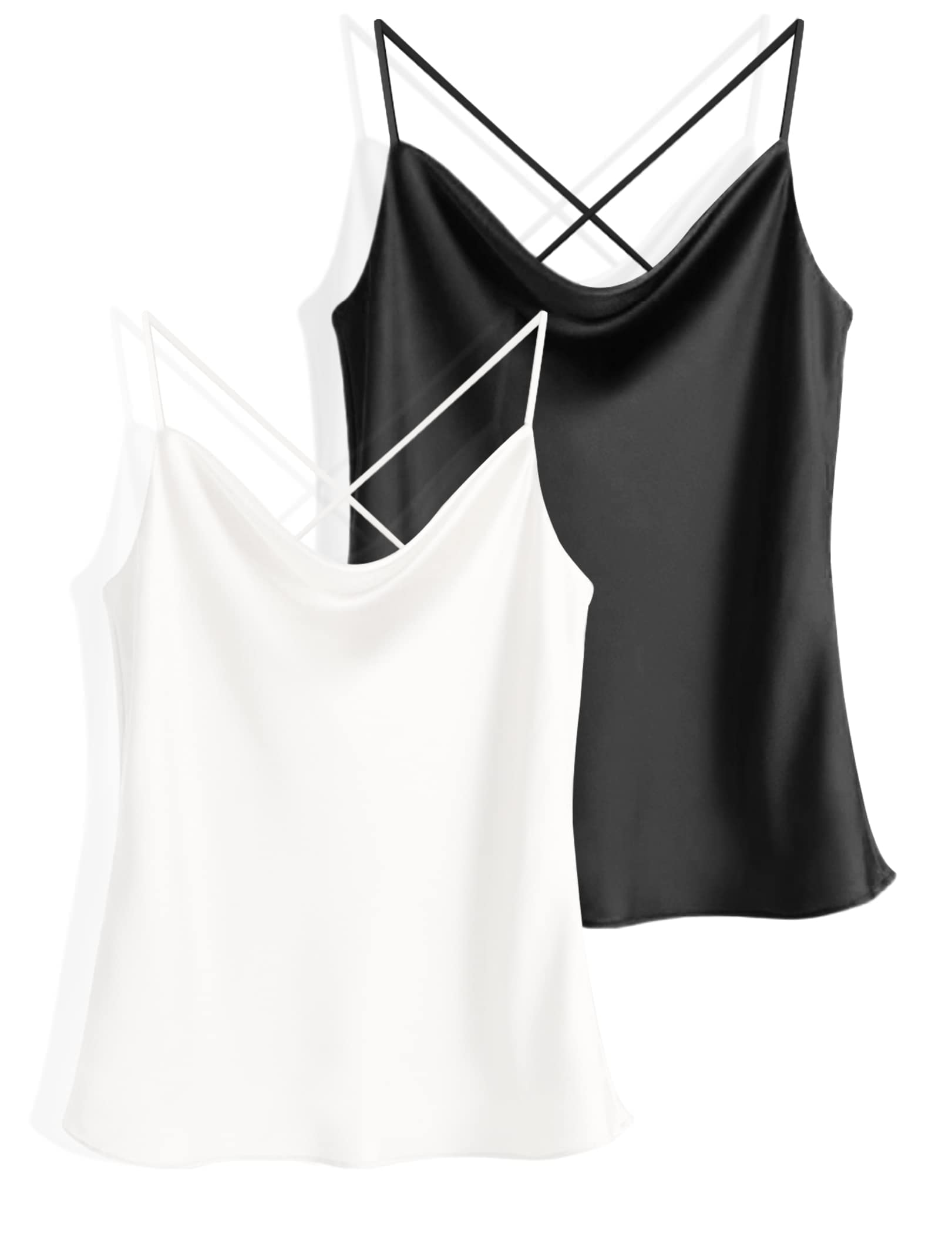 Two-piece silk cowl neck tank tops set, black and white satin camisoles