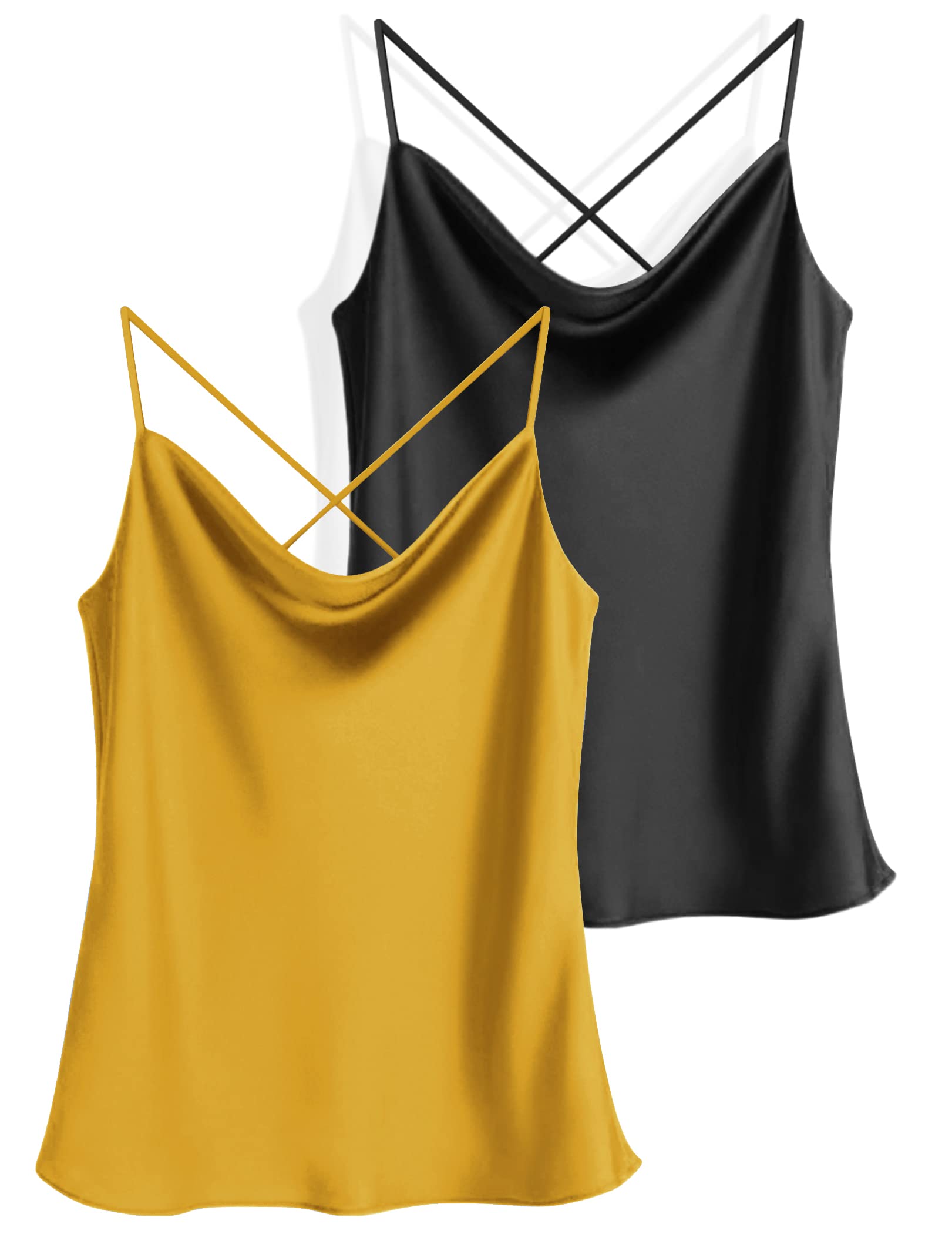 Two-piece silk cowl neck tank tops set, yellow and black satin camisoles