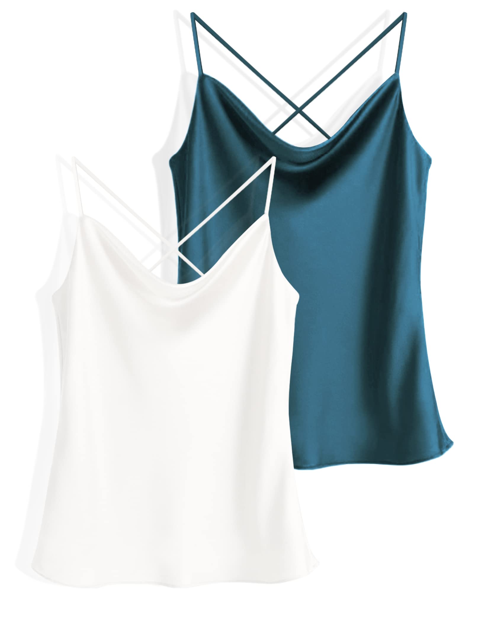 Two-piece silk cowl neck tank tops set, teal and white satin camisoles