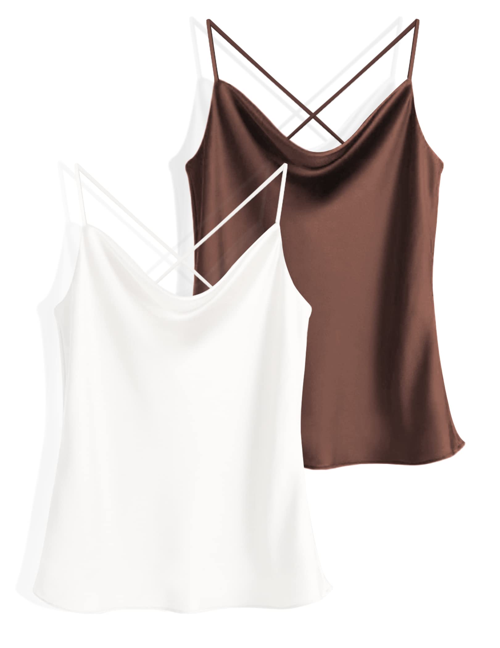 Two-piece silk cowl neck tank tops set, brown and white satin camisoles