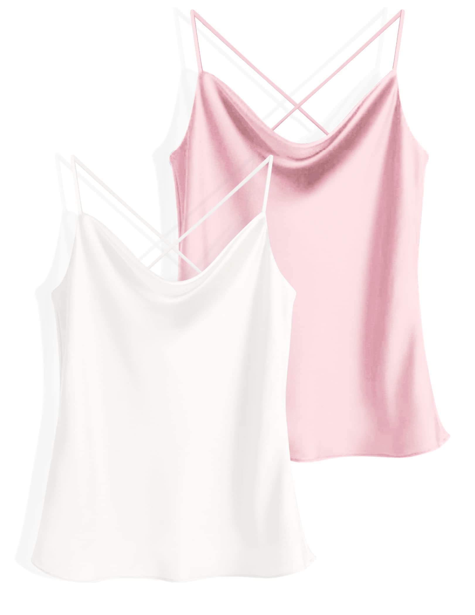Two-piece silk cowl neck tank tops set, pink and white satin camisoles
