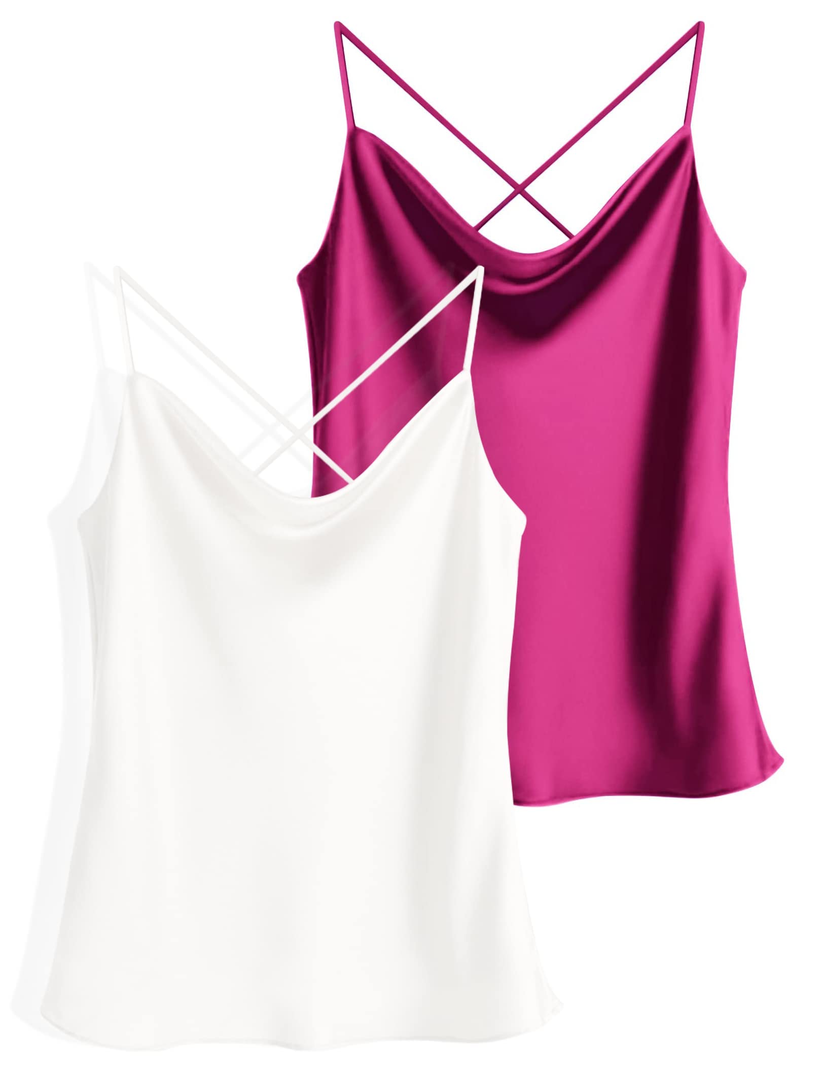 Two-piece silk cowl neck tank tops set, magenta and white satin camisoles