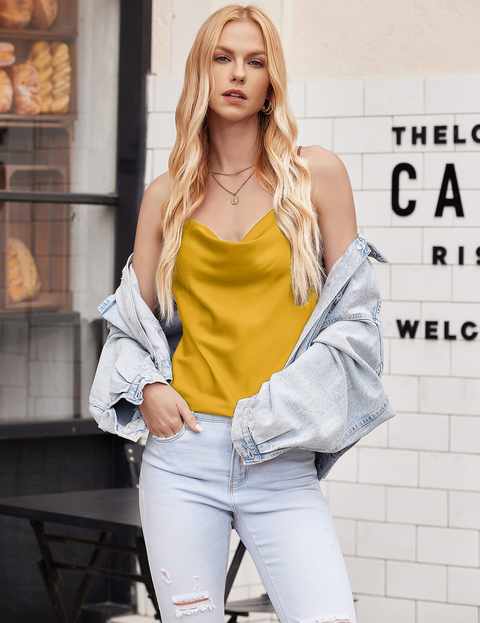 Cowl neck silk tank top with spaghetti straps, mustard yellow