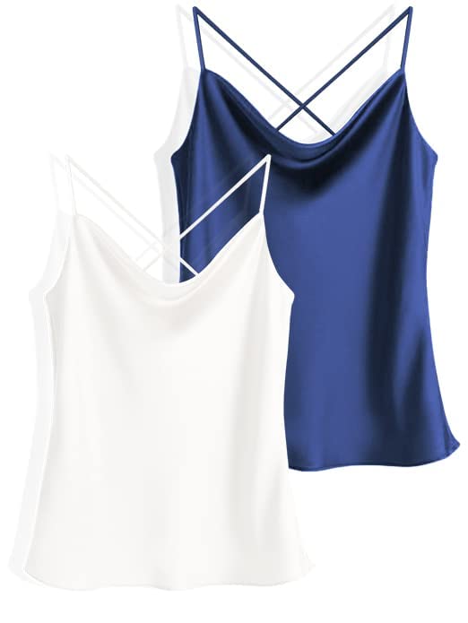 Two-piece silk cowl neck tank tops set, navy blue and white satin camisoles