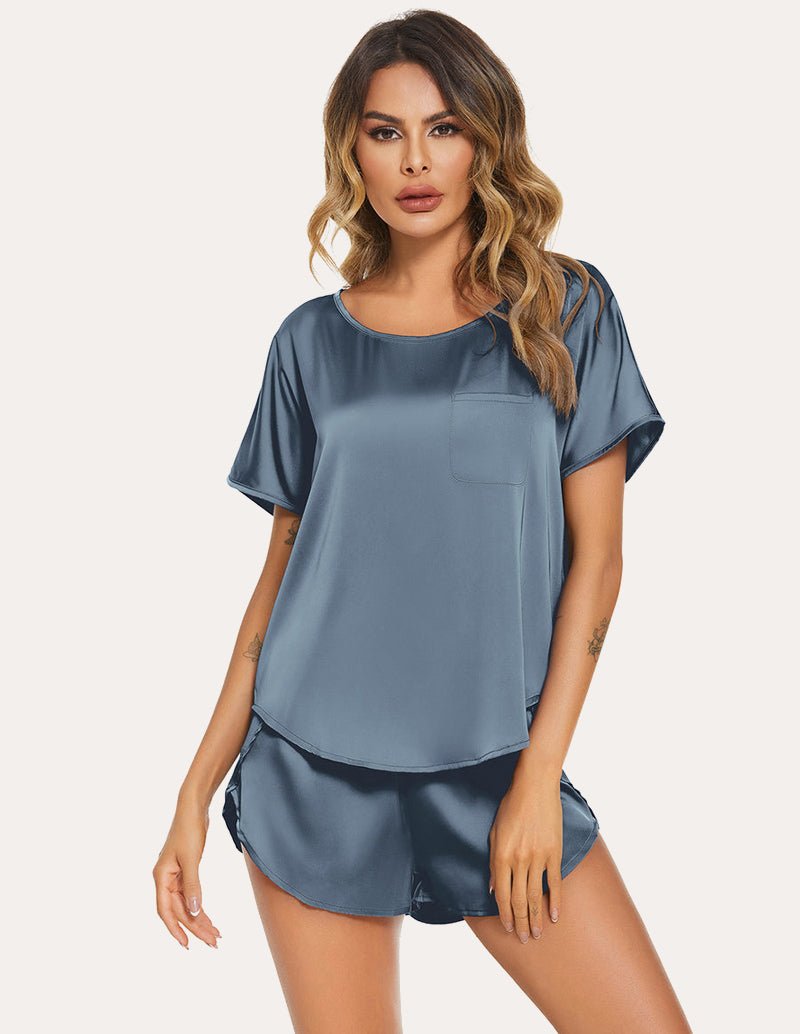 Steel-blue satin pajama set: short-sleeve top with pocket and elastic-waist shorts
