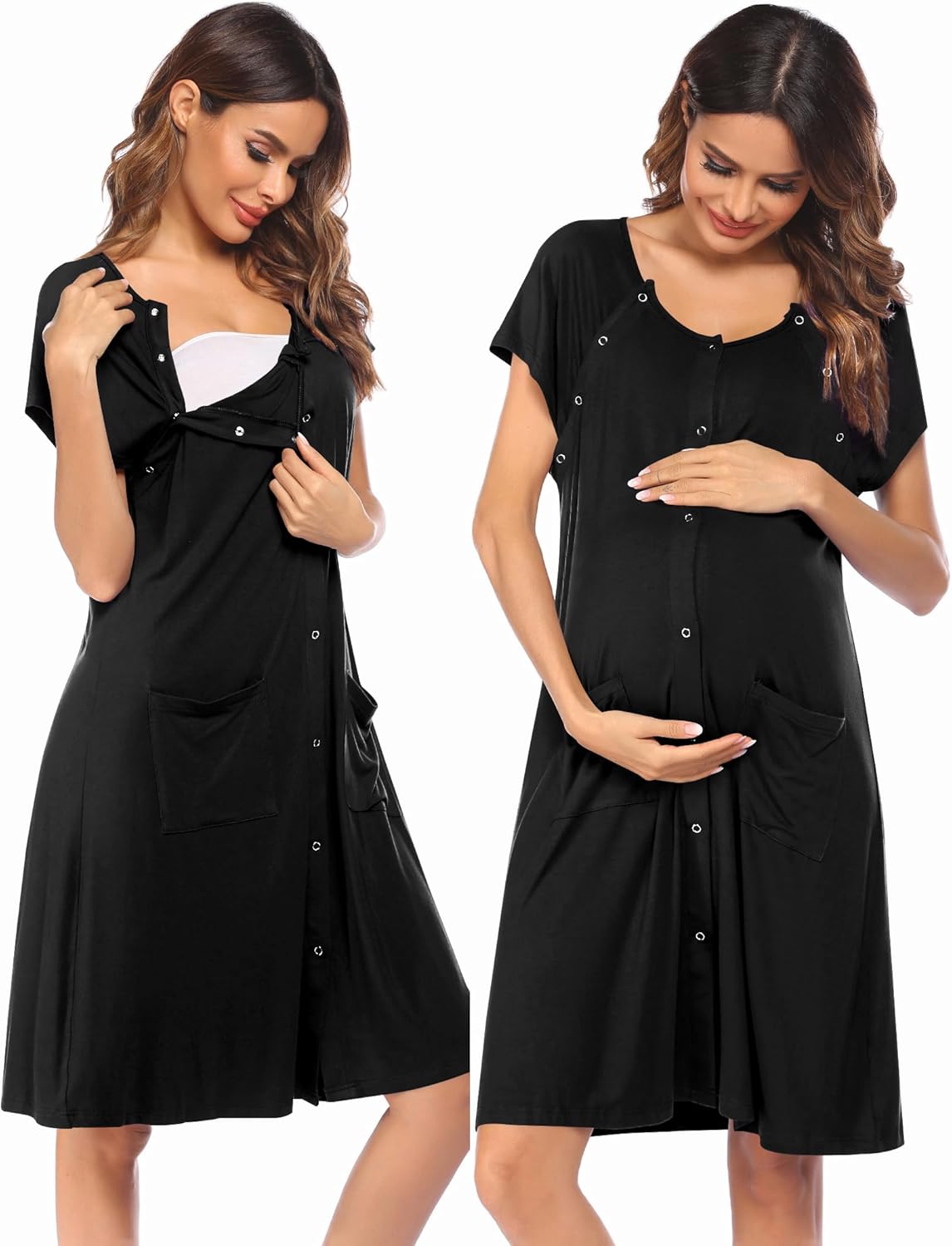 Black 3-in-1 labor and nursing gown, front buttons, scoop neckline, side pockets, short sleeves
