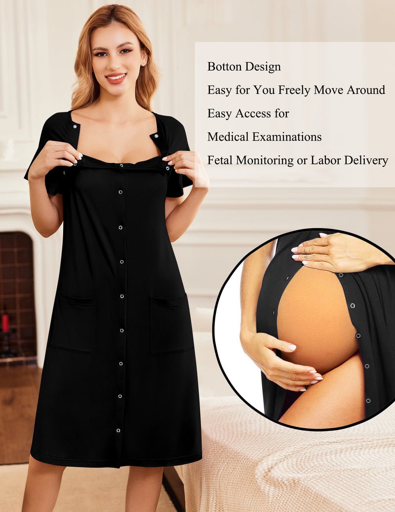 Black maternity/nursing gown, button front with snap-like details, side pockets, short sleeves