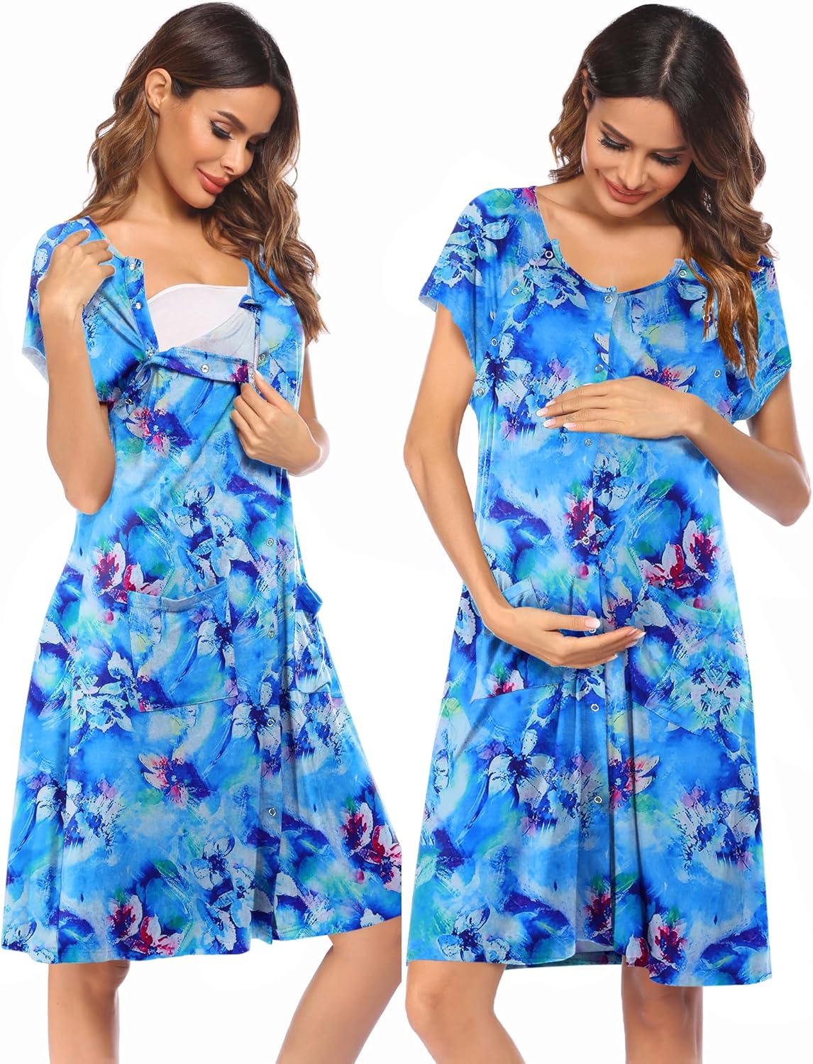 Blue floral nursing nightgown with short sleeves, button front, front pocket and draped skirt