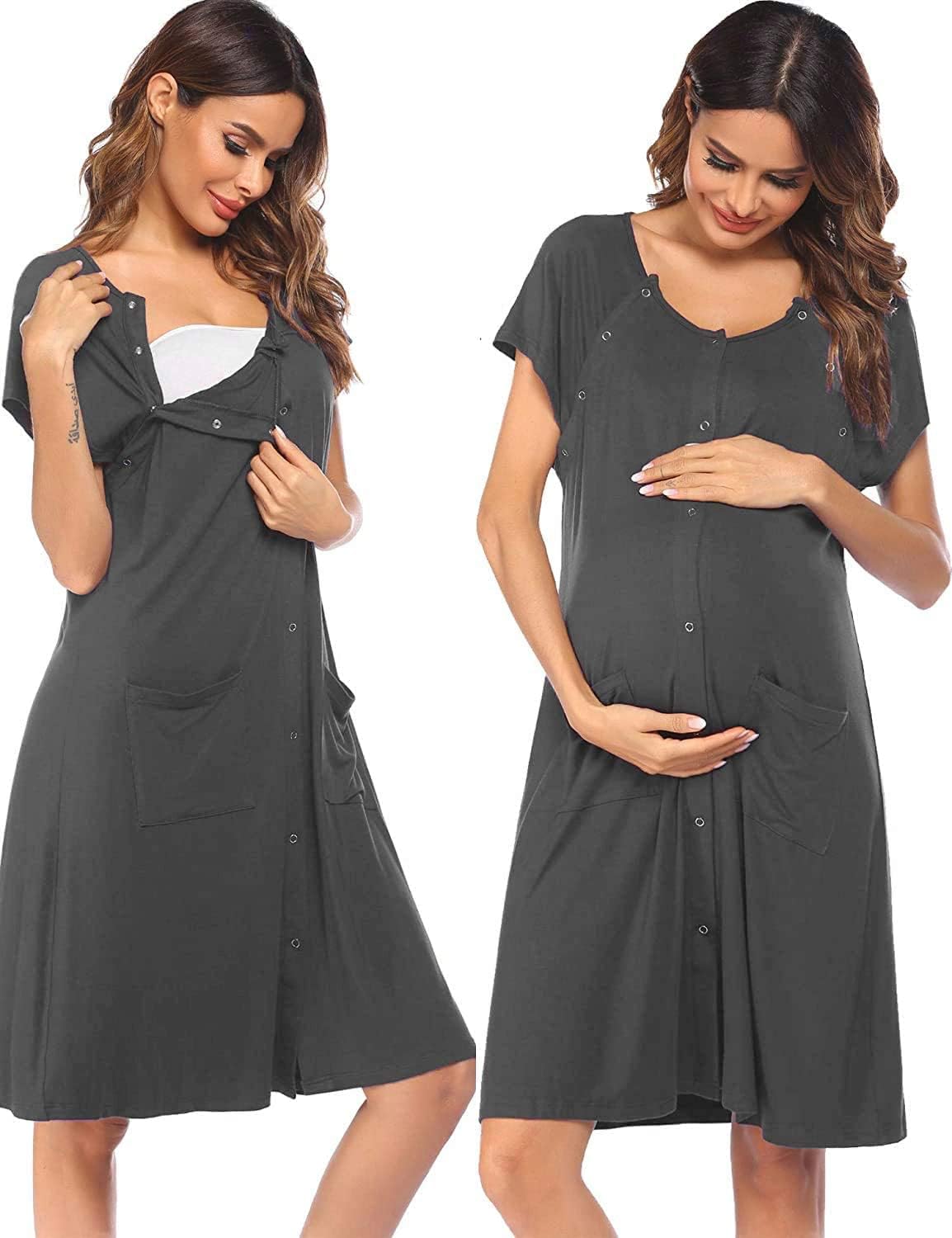 Dark gray maternity nursing dress, button front, short sleeves, side pockets, V-scoop neckline