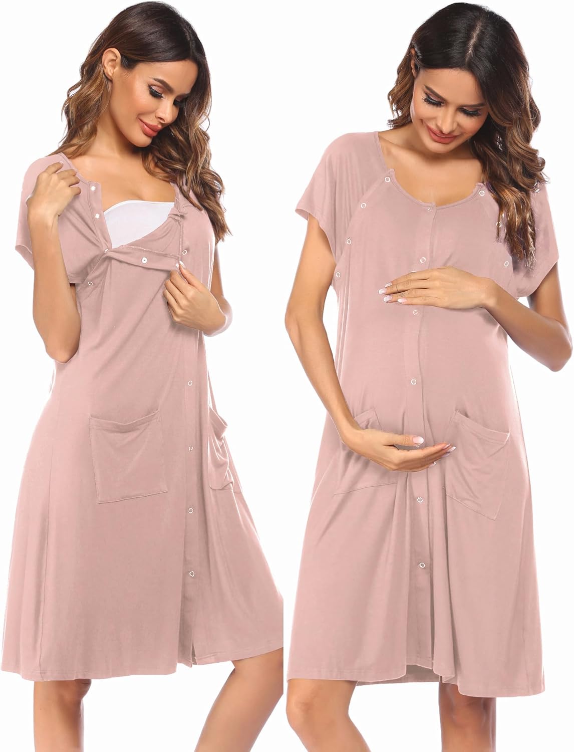 Light pink 3-in-1 nursing gown, short sleeves, button front, side pockets, scoop neckline