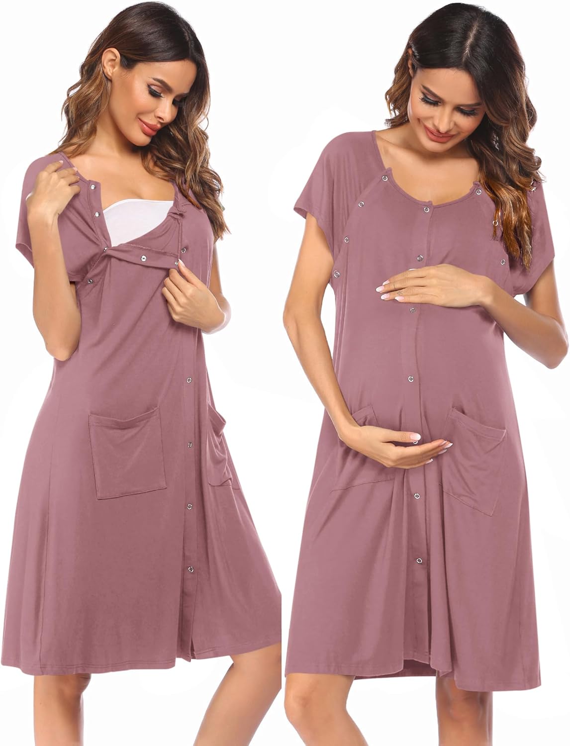 Mauve nursing nightgown with short sleeves, button front, front pocket and side drape