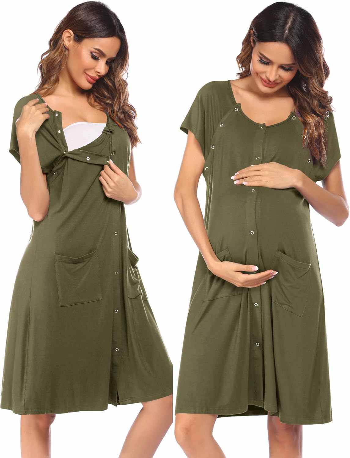 Olive green nursing nightgown with short sleeves, button front, front pocket and chest opening