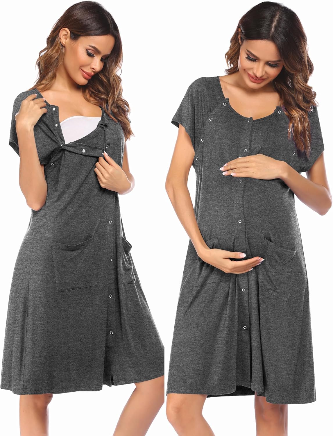 Dark gray nursing nightgown with short sleeves, button front, front pocket and chest opening