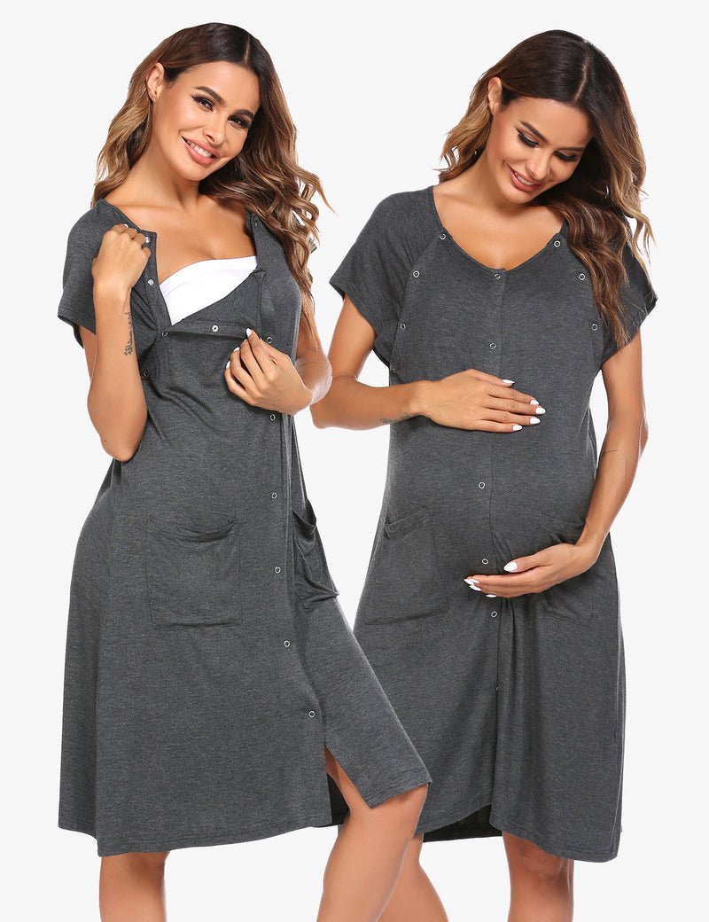 Ekouaer 3-in-1 nursing gown, dark gray, front button placket, short sleeves, pockets