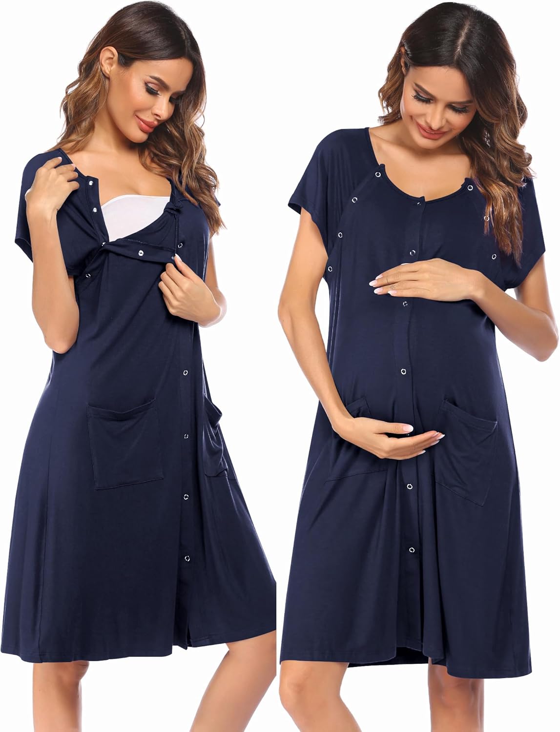 Navy blue maternity/nursing gown, button front, side pockets, short sleeves, scoop neckline
