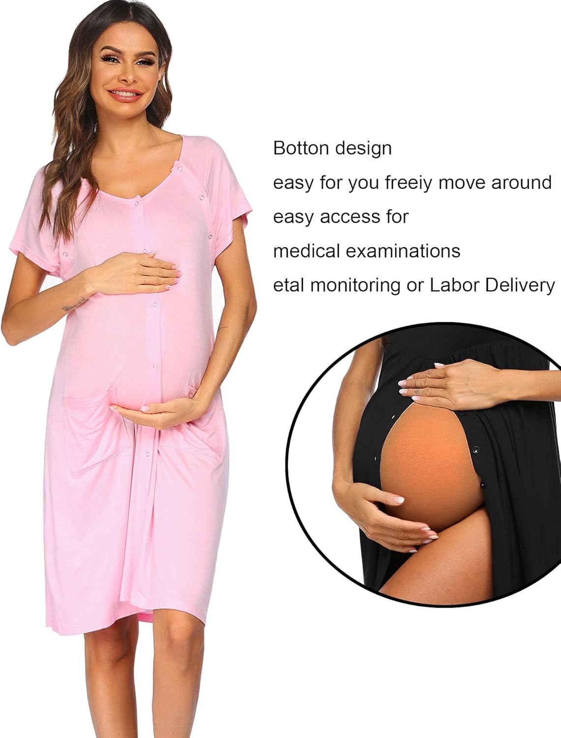 Light pink nursing & maternity nightgown with button placket, short sleeves, front pocket
