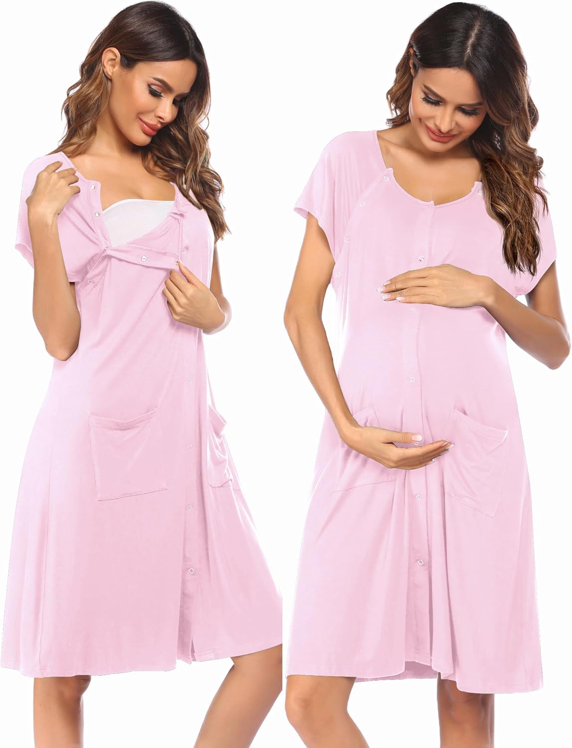 Light pink labor and nursing gown, button front, short sleeves, side pockets, scoop neckline